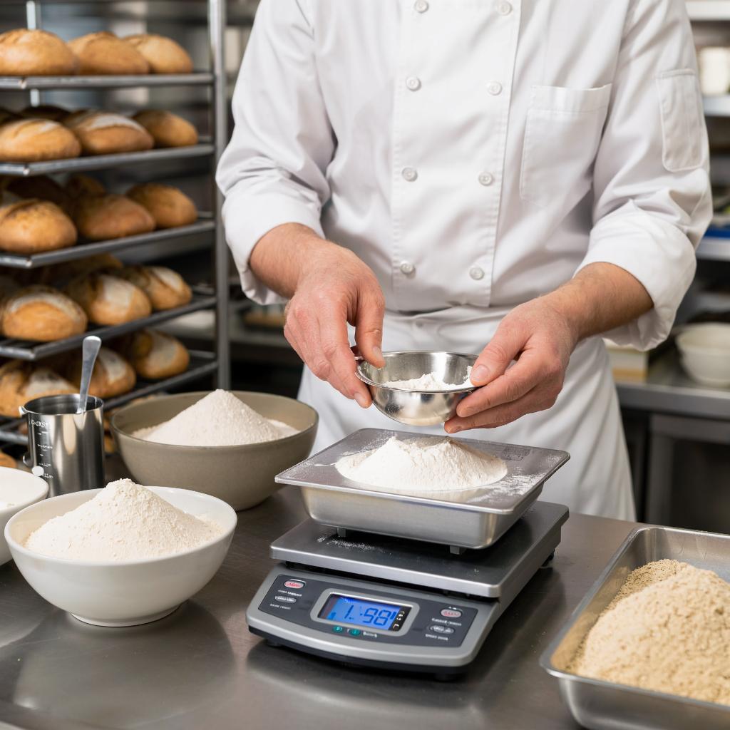 Professional baker weighing flour